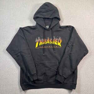 Y2K Thrasher Magazine Flame Logo Hoodie Mens M Black Pullover Skater Y2K